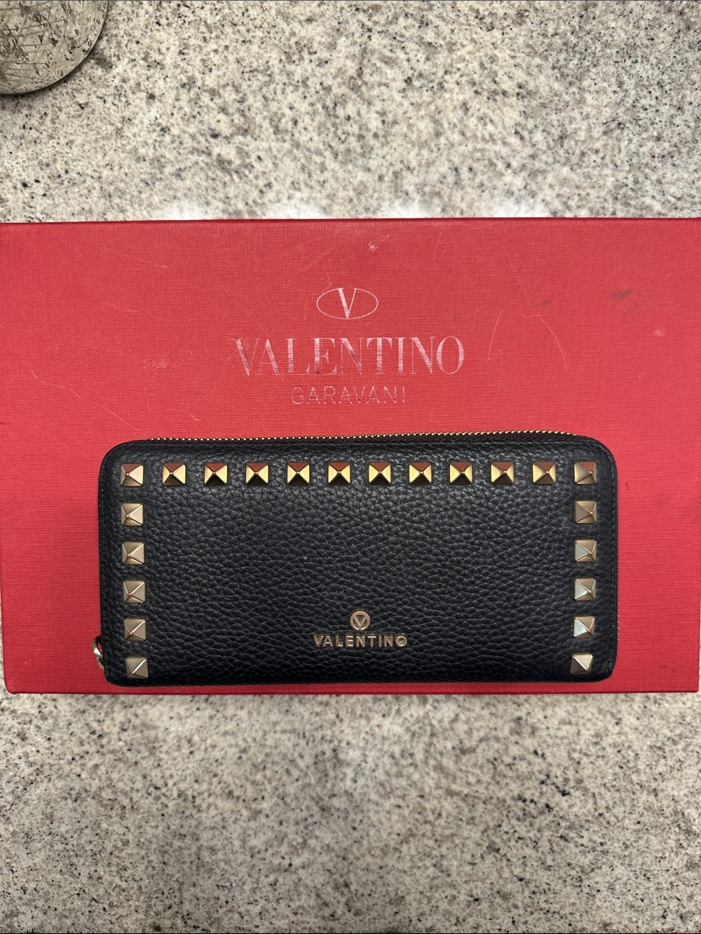 Valentino Black Rockstud Zip-Around Leather Wallet